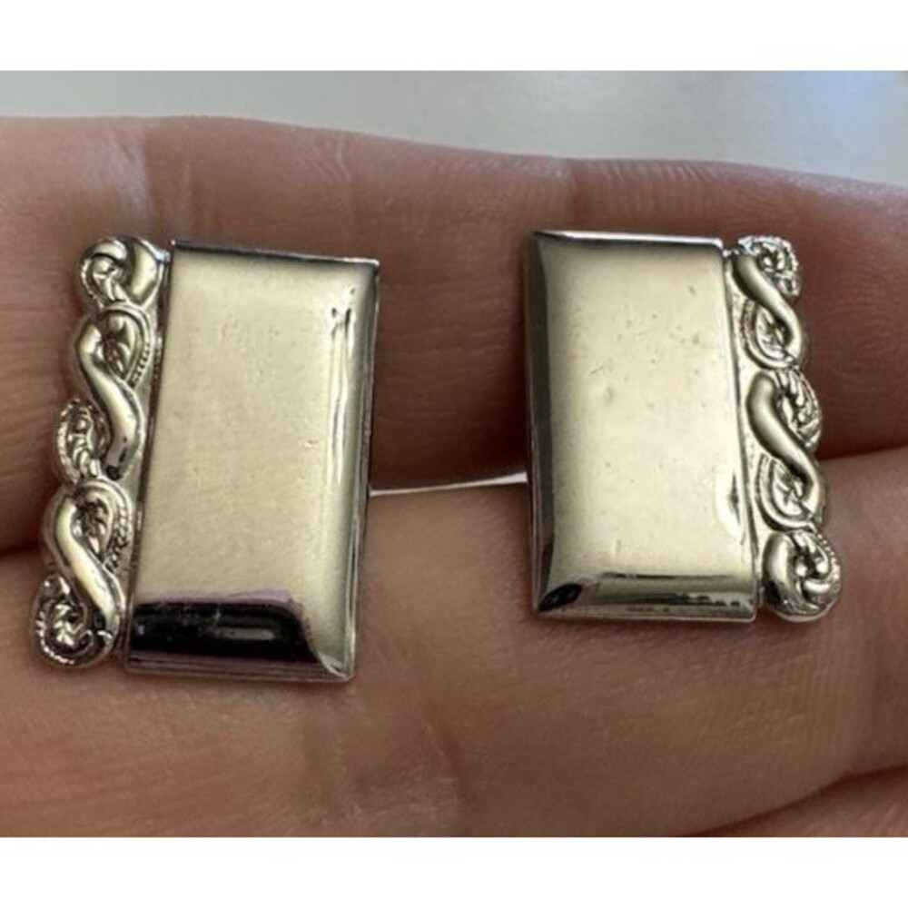 Silver Tone Rectangle Cufflinks Rope Edge Design 1 Inch - Picture 4 of 5